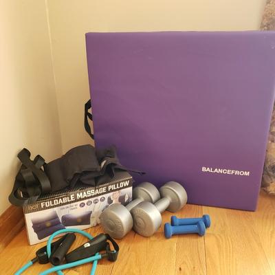 LOT 28: Fitness Equipment-Dumbbells, Exercise Mat, New Massage Pillow & More