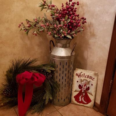 LOT 32: Winter Decor-Slate Angel Wall Hanging, Decorative Metal Milk Can & Wreath