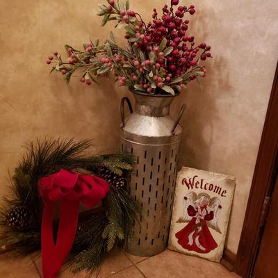 LOT 32: Winter Decor-Slate Angel Wall Hanging, Decorative Metal Milk Can & Wreath
