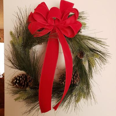 LOT 32: Winter Decor-Slate Angel Wall Hanging, Decorative Metal Milk Can & Wreath