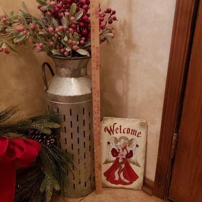 LOT 32: Winter Decor-Slate Angel Wall Hanging, Decorative Metal Milk Can & Wreath