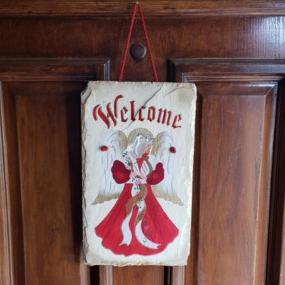 LOT 32: Winter Decor-Slate Angel Wall Hanging, Decorative Metal Milk Can & Wreath
