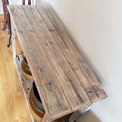 LOT 36: Rustic Wood Console Table with Stack of Decorative Round Boxes