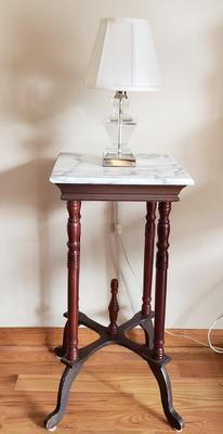 LOT 37: Vintage Marble Top Table with Geometric Crystal Table Lamp