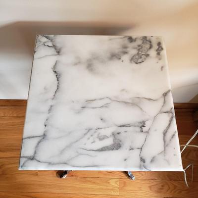 LOT 37: Vintage Marble Top Table with Geometric Crystal Table Lamp