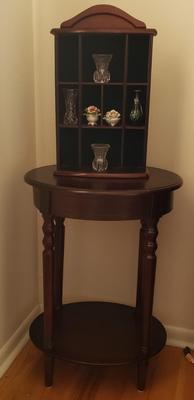 LOT 40: Wooden Hanging Display/Trinket Shelf with Two Tier Oval Side Table