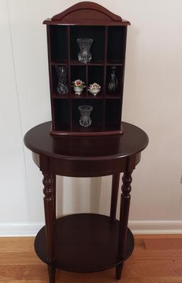 LOT 40: Wooden Hanging Display/Trinket Shelf with Two Tier Oval Side Table