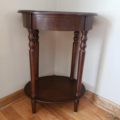 LOT 40: Wooden Hanging Display/Trinket Shelf with Two Tier Oval Side Table