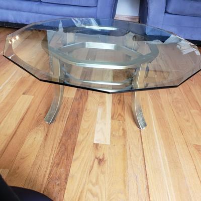 LOT 41: Mid Century Brass Glass Top Coffee Table