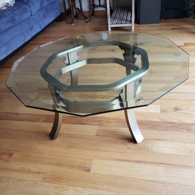 LOT 41: Mid Century Brass Glass Top Coffee Table