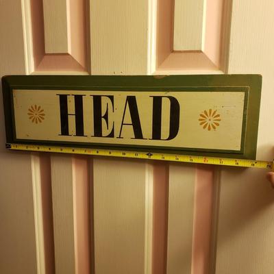 LOT 43: Home Decor: Enamel Pail, "Head" Sign, Wood & Metal Wall Sconce & NIP Martha Stewart Chair Pads