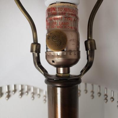 LOT 53: Brass Table Lamp with Beaded Shade, Custom Made Decoupage Clock & Side Table