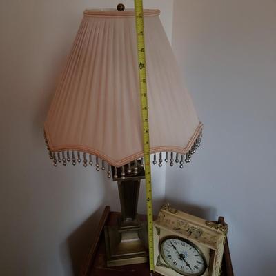 LOT 53: Brass Table Lamp with Beaded Shade, Custom Made Decoupage Clock & Side Table