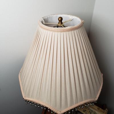 LOT 53: Brass Table Lamp with Beaded Shade, Custom Made Decoupage Clock & Side Table