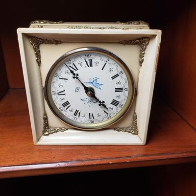 LOT 53: Brass Table Lamp with Beaded Shade, Custom Made Decoupage Clock & Side Table