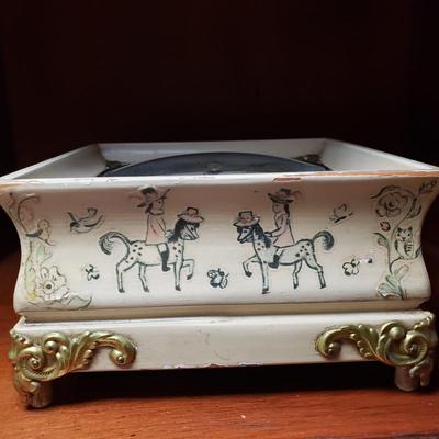 LOT 53: Brass Table Lamp with Beaded Shade, Custom Made Decoupage Clock & Side Table