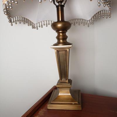 LOT 53: Brass Table Lamp with Beaded Shade, Custom Made Decoupage Clock & Side Table