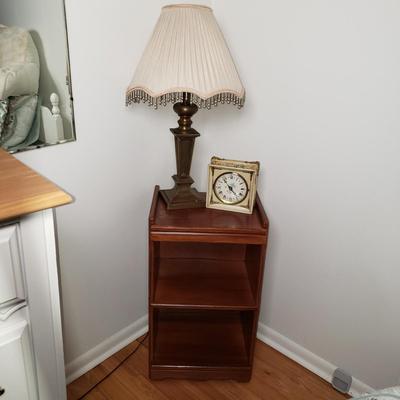 LOT 53: Brass Table Lamp with Beaded Shade, Custom Made Decoupage Clock & Side Table