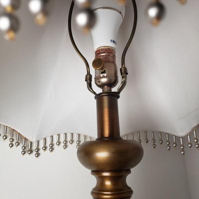 LOT 53: Brass Table Lamp with Beaded Shade, Custom Made Decoupage Clock & Side Table