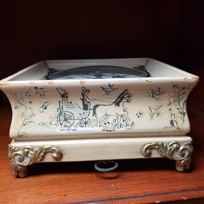 LOT 53: Brass Table Lamp with Beaded Shade, Custom Made Decoupage Clock & Side Table