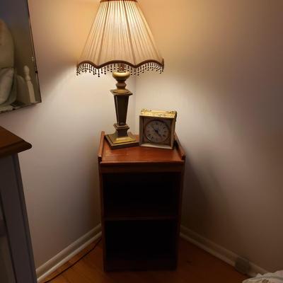 LOT 53: Brass Table Lamp with Beaded Shade, Custom Made Decoupage Clock & Side Table
