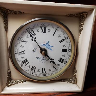 LOT 53: Brass Table Lamp with Beaded Shade, Custom Made Decoupage Clock & Side Table