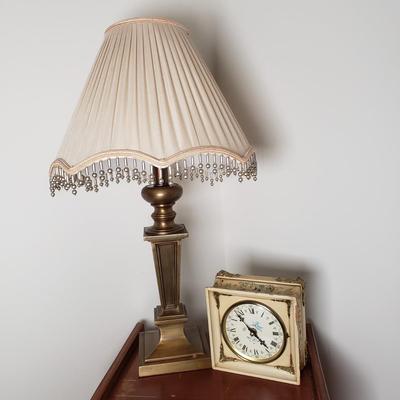 LOT 53: Brass Table Lamp with Beaded Shade, Custom Made Decoupage Clock & Side Table