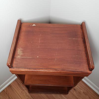 LOT 53: Brass Table Lamp with Beaded Shade, Custom Made Decoupage Clock & Side Table