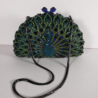 LOT 97: Vintage Jeweled Crystal Peacock Clutch with Dustbag