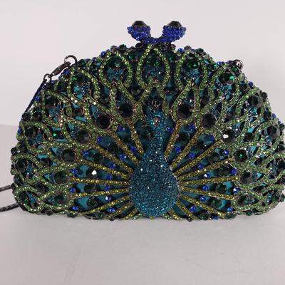 LOT 97: Vintage Jeweled Crystal Peacock Clutch with Dustbag