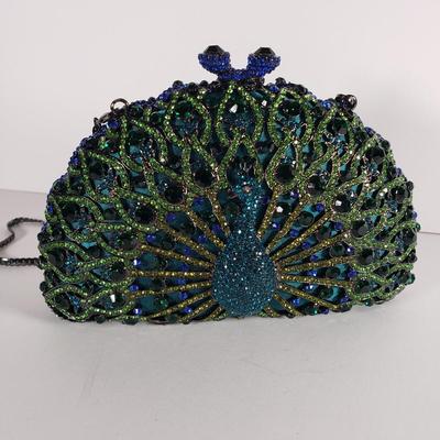 LOT 97: Vintage Jeweled Crystal Peacock Clutch with Dustbag