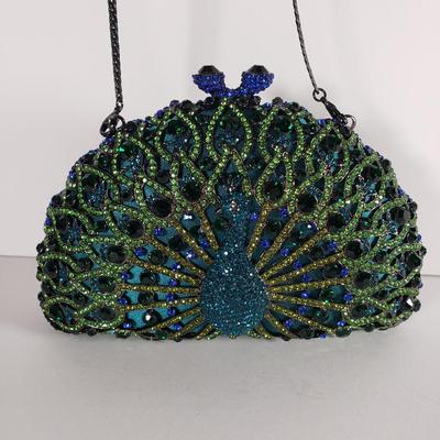 LOT 97: Vintage Jeweled Crystal Peacock Clutch with Dustbag