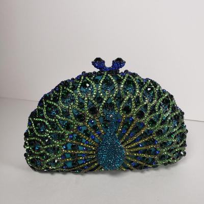 LOT 97: Vintage Jeweled Crystal Peacock Clutch with Dustbag