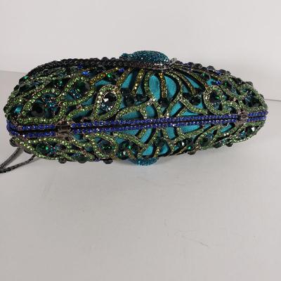 LOT 97: Vintage Jeweled Crystal Peacock Clutch with Dustbag