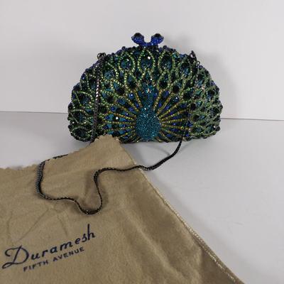 LOT 97: Vintage Jeweled Crystal Peacock Clutch with Dustbag