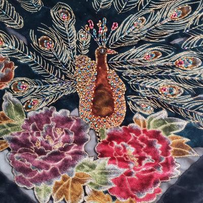 LOT 163: Vintage Beaded Velvet Peacock Shawl/Scarf