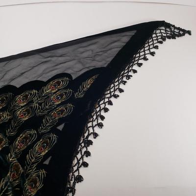 LOT 163: Vintage Beaded Velvet Peacock Shawl/Scarf