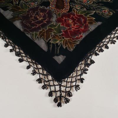 LOT 163: Vintage Beaded Velvet Peacock Shawl/Scarf