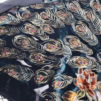 LOT 163: Vintage Beaded Velvet Peacock Shawl/Scarf