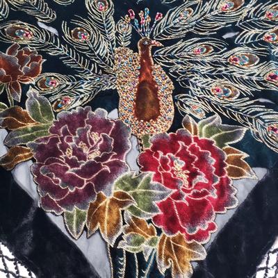 LOT 163: Vintage Beaded Velvet Peacock Shawl/Scarf