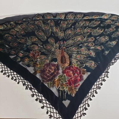 LOT 163: Vintage Beaded Velvet Peacock Shawl/Scarf