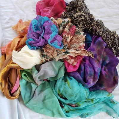 LOT 165: Assortment of Colorful Scarves-Different Sizes & Materials