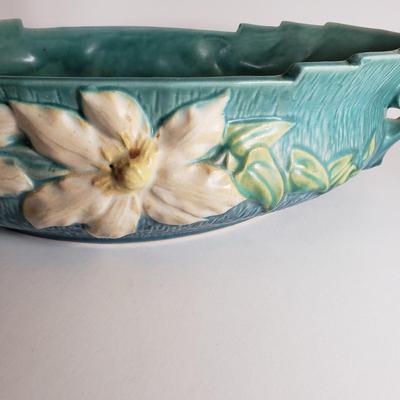 LOT 167: Roseville Pottery Clematis Console Bowl & Candle Holders