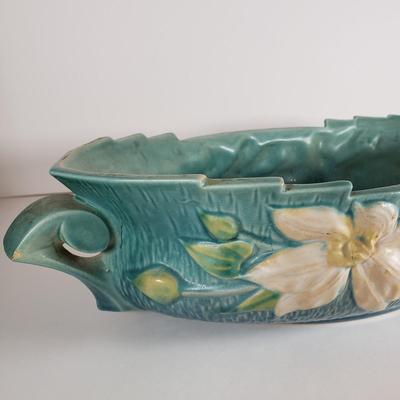 LOT 167: Roseville Pottery Clematis Console Bowl & Candle Holders