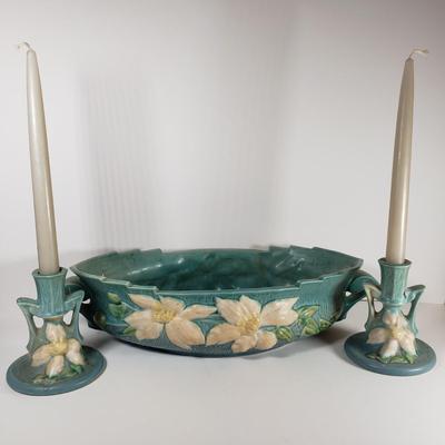 LOT 167: Roseville Pottery Clematis Console Bowl & Candle Holders
