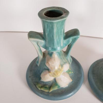 LOT 167: Roseville Pottery Clematis Console Bowl & Candle Holders