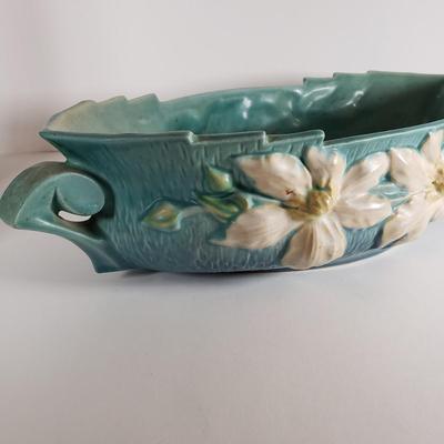 LOT 167: Roseville Pottery Clematis Console Bowl & Candle Holders