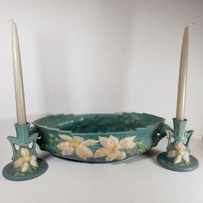 LOT 167: Roseville Pottery Clematis Console Bowl & Candle Holders