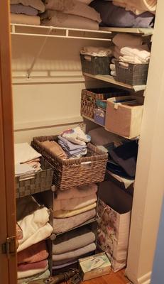 LOT 171: Closet Clear Out-Linens, Towels, Baskets Full of Stationery, Giftwrap & More