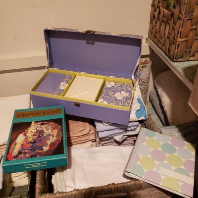 LOT 171: Closet Clear Out-Linens, Towels, Baskets Full of Stationery, Giftwrap & More